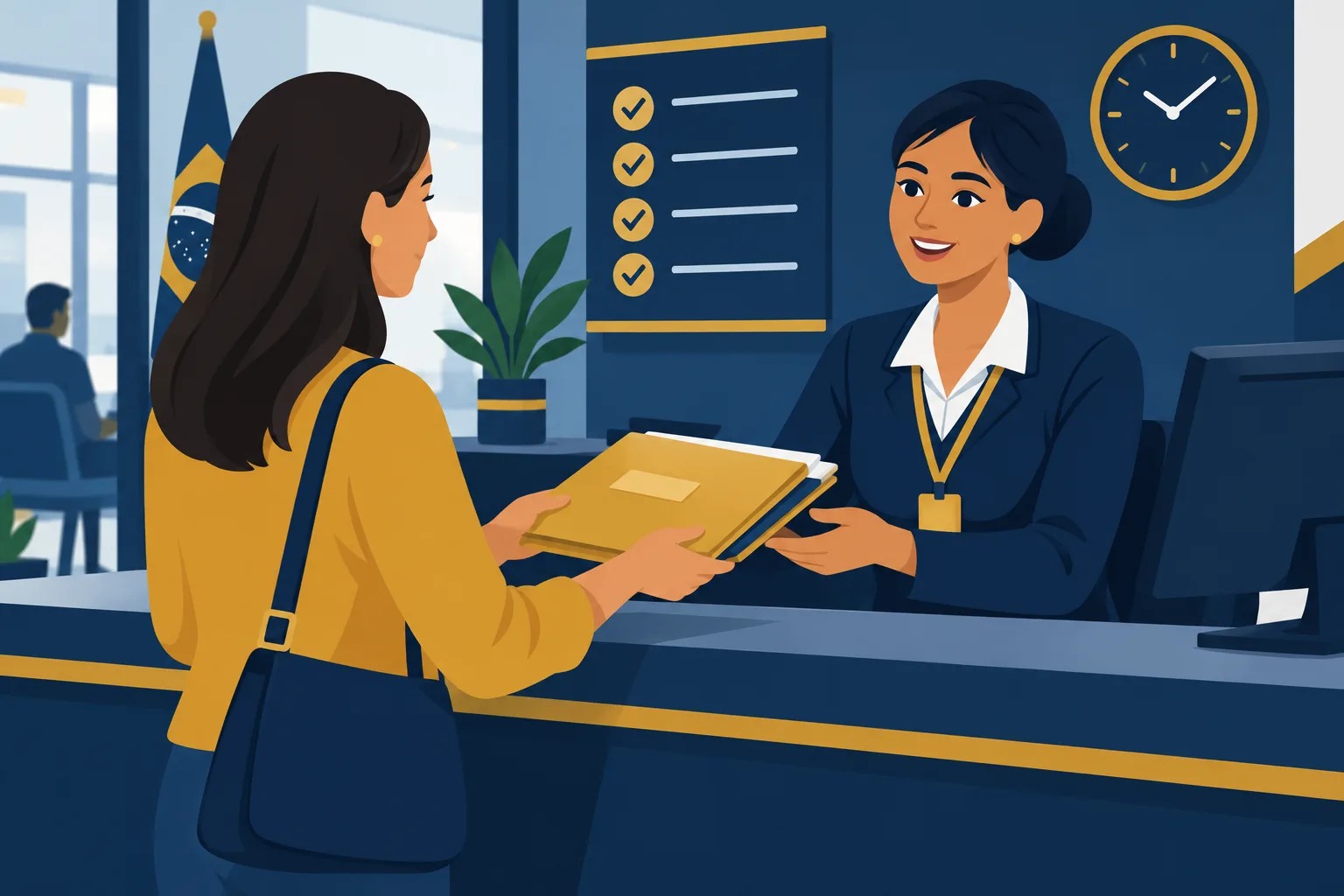 Ilustração de atendimento: pessoa entregando documentos em um balcão