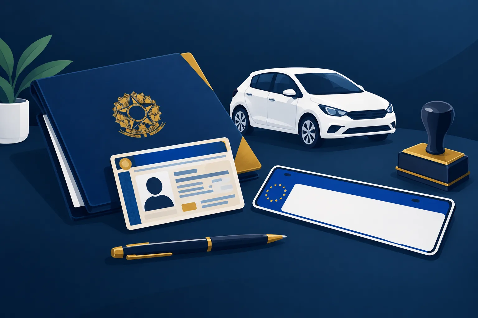 Ilustração de documentos de veículo, placa e habilitação organizados